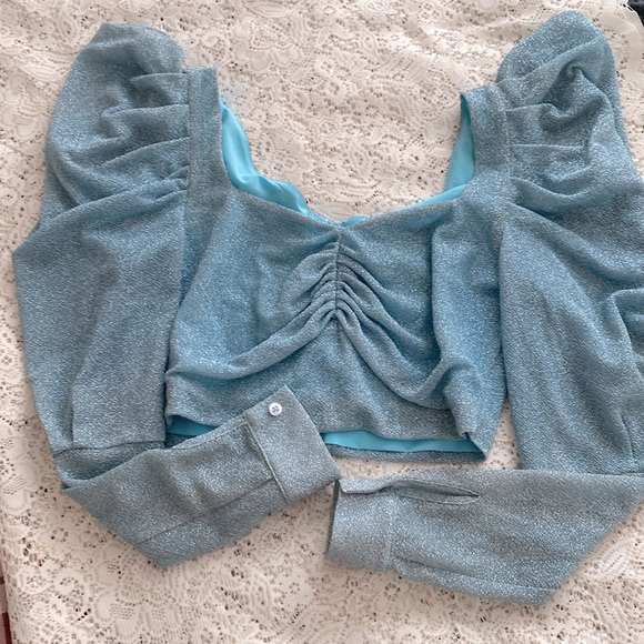 HOUSE OF HOLLAND Blue Shimmer Ruffle Puff Long Sleeve Cropped Top - Picture 1 of 7